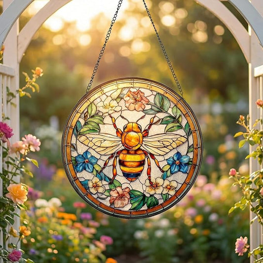 Stained Glass Window Hanging, Bee in Garden Flowers Sun Catcher, 7.87 InchHandmade Suncatcher for Window, Home Kitchen Decor, Gift for Gardeners, Bee Lovers, Birthday