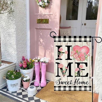 ORTIGIA Happy Mothers Day Garden Flag 12.5 x 18 Inch Double Sided Home Sweet Home Carnation Floral Flower Wedding Anniversary Yard Flag Summer Holiday Outdoor Outside Decoration
