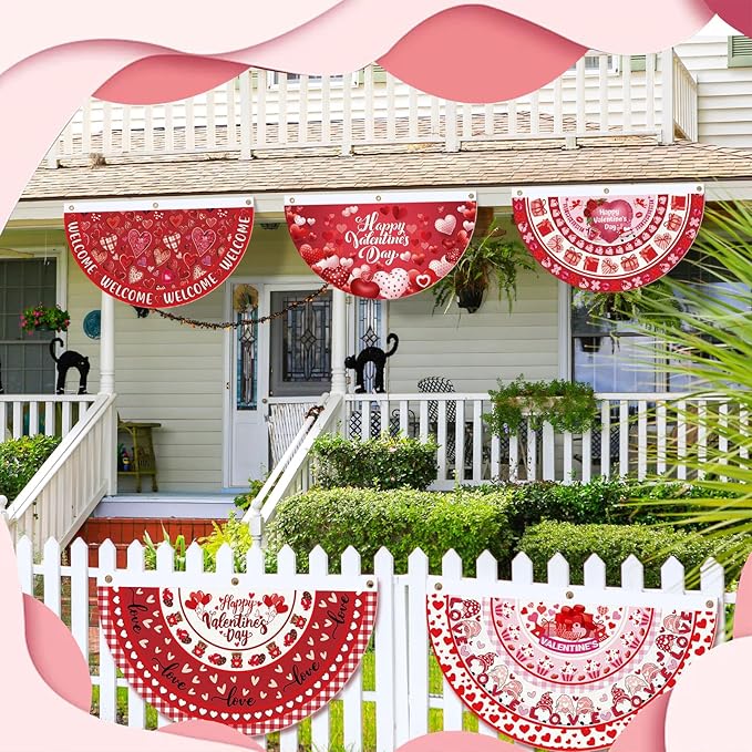 6 Pcs Valentine's Day Bunting Fan Flag Love Heart Bunting Banner Romantic Valentine's Day Garden Half Fan Banner Decoration Holiday Indoor Outdoor Yard Decor, 1.5 x 3 ft
