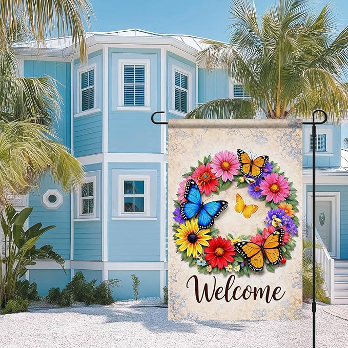IVN Butterfly Garden Flag 12x18 Inch – Welcome Floral Wreath Outdoor Flag, Double Sided Burlap Spring Summer Yard Flag for Porch Lawn Patio Decor
