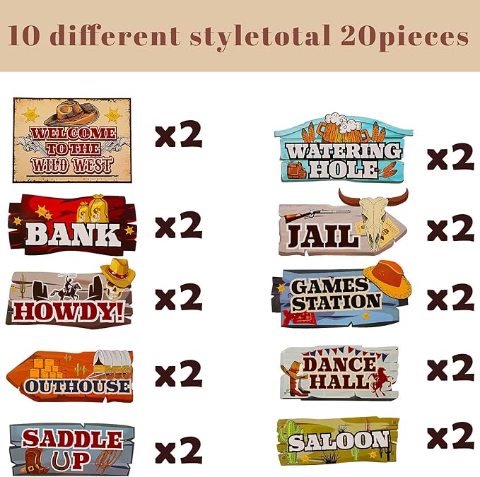 Jetec 20 Pieces Western Party Directional Sign Western Cowboy Rodeo Theme Wild West Party Large Yard Sign Cowboy and Cowgirl Decor Welcome Outdoor Wall Supplies Photo Props