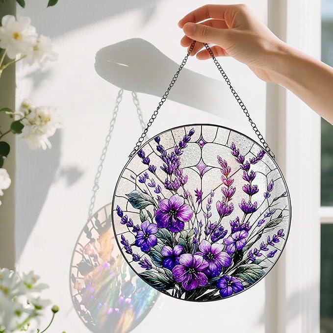 Bauhinia&Violets Flower Stained Glass Suncatcher, Stained Glass Window Hanging, 8 Inch Window Hanging Decor, Christmas, Mother's Day, Birthday Gifts for Mom, Grandma, Women, Wife, Lovers