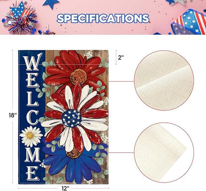 AVOIN colorlife Patriotic 4th of July Garden Flag 12x18 Inch Double Sided Outside, Floral Welcome Daisy Holiday Yard Outdoor Decoration
