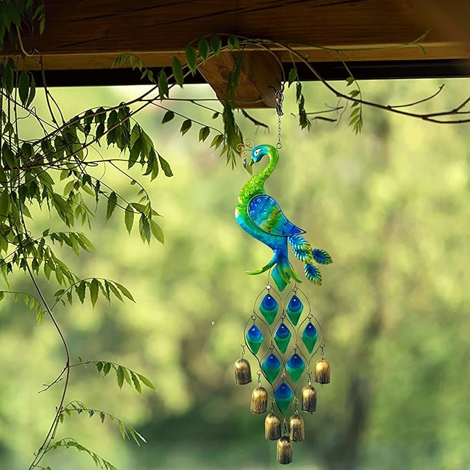 Outdoor Chimes Gifts for Women, Colorful Peacock Wind Chimes-Metal and Glass Hanging Sculpture,Birthday Gifts for Mom Grandma Wife
