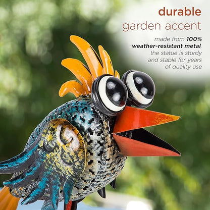 Alpine Corporation 11" Tall Outdoor Metal Wide-Eyed Bird Standing Yard Statue Decoration, Multicolor