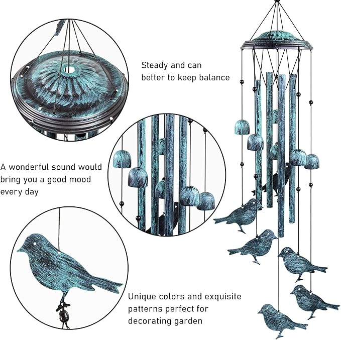 Monsiter QE Bird Wind Chimes for Outside, Outdoors Wind Chimes with 4 Large Aluminum Tubes & S Hook - Outdoor Clearance Hanging Decor for Garden, Patio, Backyard or Porch