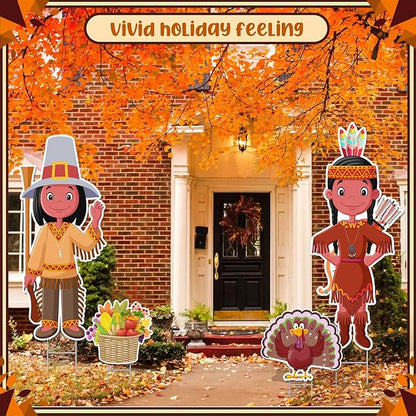Thanksgiving Yard Signs with Stakes, Includes Pilgrim, Native American, Turkey,Cornucopia Fall Outdoor Decorations for Home Outdoor Yard Patio Lawn Decor, Garden Decorations