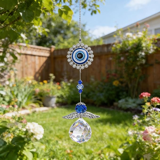 12.7inch Handmade Crystal Angel Suncatcher Hanging Ornament for Christmas Tree Turkish Blue Evil Eye Protection Pendant and Good Luck Charm Gift