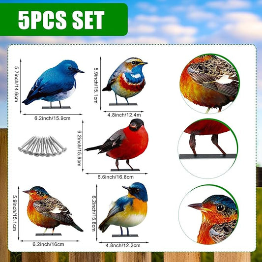 5pcs Vivid Metal Birds Fence Decor Painted Outdoor Garden Bird 2D Sculptures Art Outdoor Sculptures Metal Statues for Yard Fences Outside Lawn Patio Balcony Patio Bird Lovers