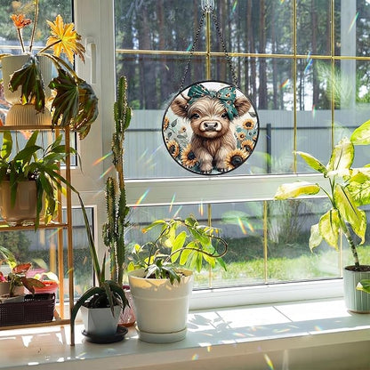 Mifoci 6.3 Inch Stained Glass Window Hanging Highland Cow Suncatchers Indoor Window Gifts for Highland Cow Lovers Room Office Decor Aesthetic