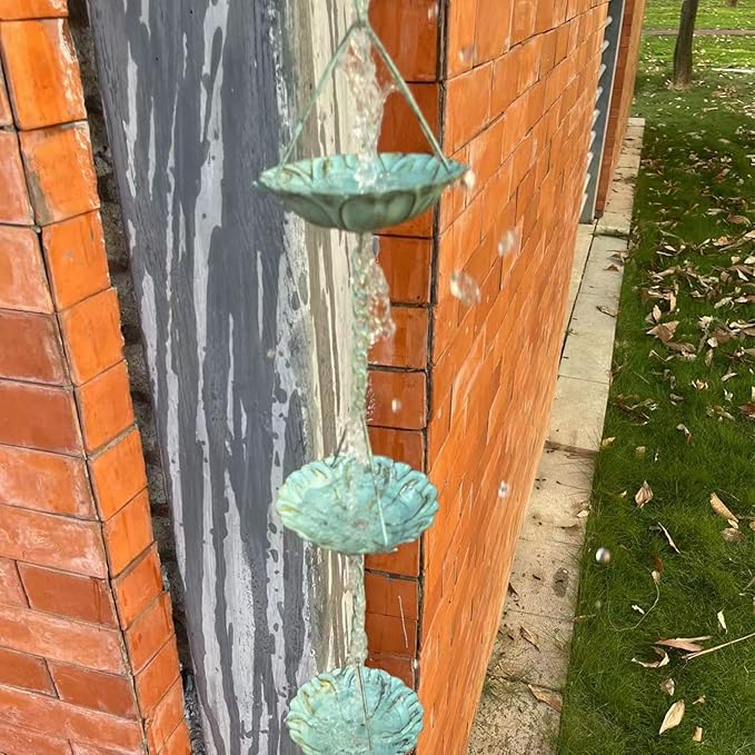 Jemeni 12-Cup Water Lily Rain Chain for Gutters 8.5ft, Green Patina Iron Easy-Install Gutter Chain Alternative, Outdoor Garden & Patio Decor