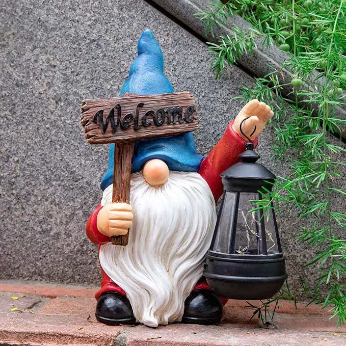 Garden Gnome Outdoor Decoration Solar Gnomes Statue with Lantern LED Lights,Terrace Courtyard Lawn Patio Porch Spring Decoration Easter Christmas Housewarming Gifts for Mom Women, Gnome Blue
