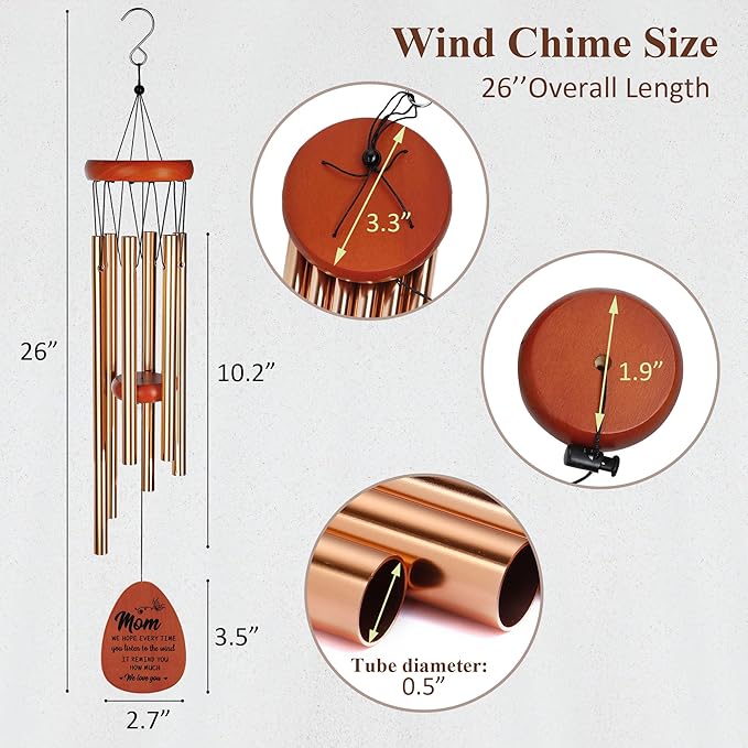 YU FENG 26” Wind Chimes for Mom, Gifts from Daughter or Son, Unique Mother’s Day, Birthday, Wooden Outdoor Wind Chime with Heartfelt Message