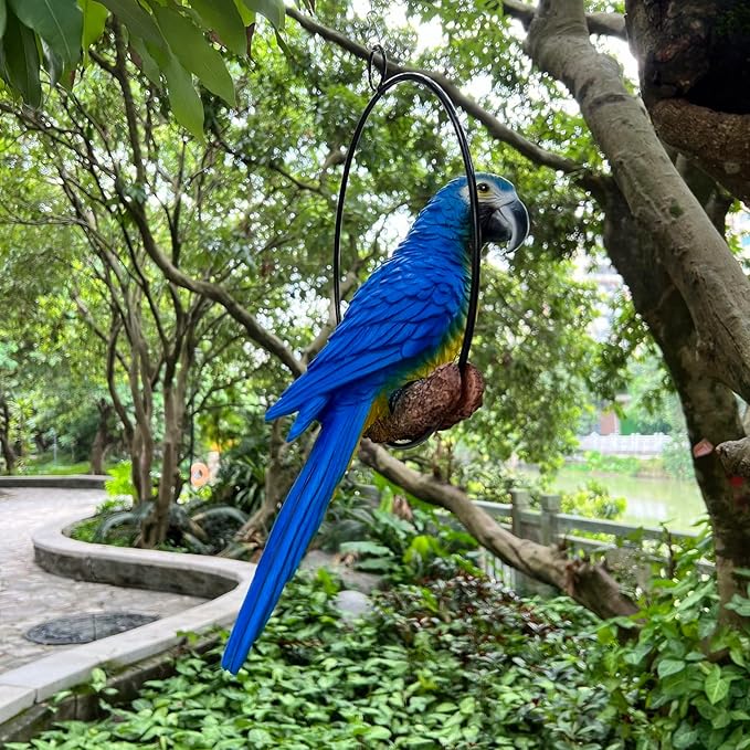Hanging Parrot Macaw Sculpture Ring Perch Indoor/Outdoor Statue for Patio Home Garden, Medium 15 Inch Tall