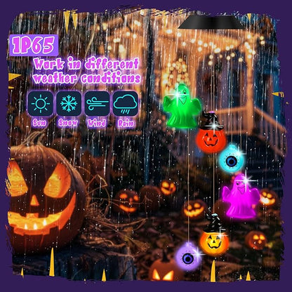 GlikCeil Halloween Solar Wind Chimes 27.5Inch Halloween Decorations Outside Waterproof Hanging LED for Yard, Porch, Patio, Party, Color Changing Eyeballs Ghost Lights(Mixed)