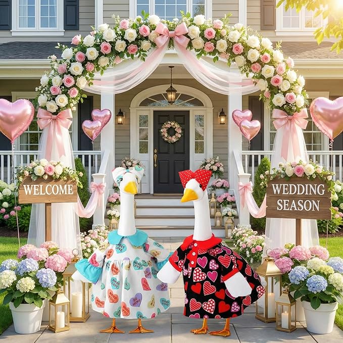 Abbylike 2 Set Weeding Porch Goose Outfit Conversation Heart Yard Goose Costume Clothes Fits Large 23'' Cement for Valentine's Day Garden Pathway Statue Decor