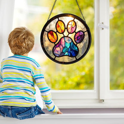 Pet Stained Glass Suncather for Window Hanging, Paw Print Ornament Gift for Pet Lover, 6.3'' Pet Memorial Wall Art Home Decor Sympathy Gift for Dog & Cat Owners (Colorful, 6.3'')