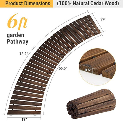 6FT Curved Wooden Garden Pathway Walkway Outdoor Roll Out Decorative Garden Non-Slip Patio Path Decorative Boardwalk Outdoor Road Floor for Backyard Beach Wedding Party