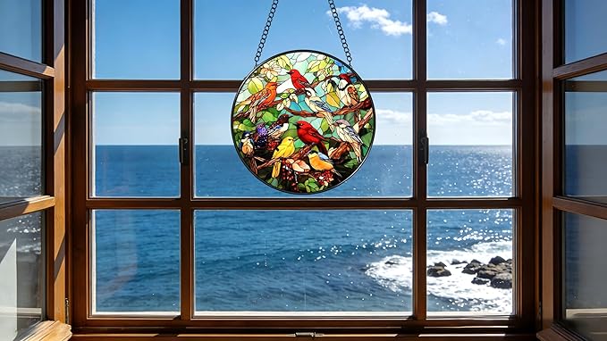 Funoasis Stained Glass Window Hanging 6.3" Suncatcher, Colorful Hummingbirds on Branch Sun Catcher, Home Wall Decor, Window Art Ornament, Birthday Gifts for Women, Mom, Grandma
