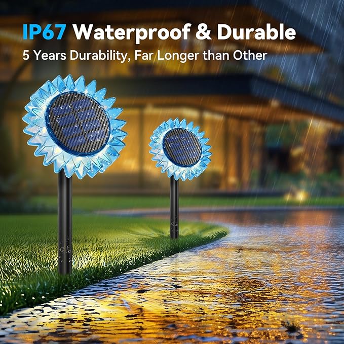 Solar Sunflower Lights - Upgraded 2-in-1 Solar Ground/Wall Lights, 6 Pack, Blue-Warm White, Outdoor Garden Courtyard Terrace Balcony Fence Path Decoration