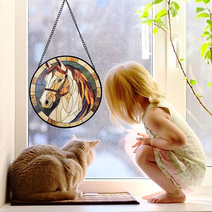 DASTOLL Stained Glass Window Hanging, Animal Horse Colored Mane Sun Catchers Glass Panel Cool Suncatcher Decor for Birthday for Women, Men, Wife, Aunt, and Mom 9.8 in