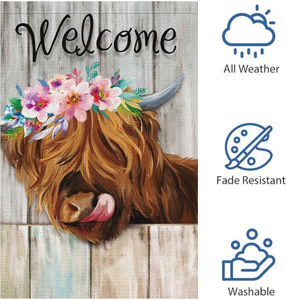Heyfibro Welcome Summer Highland Cow Garden Flag 28x40 Inch Double Sided Burlap, Farmhouse Floral Cow Yard Decor Spring Summer Flowers Porch Flag for Rustic Seasonal Outdoor Decoration(ONLY FLAG)