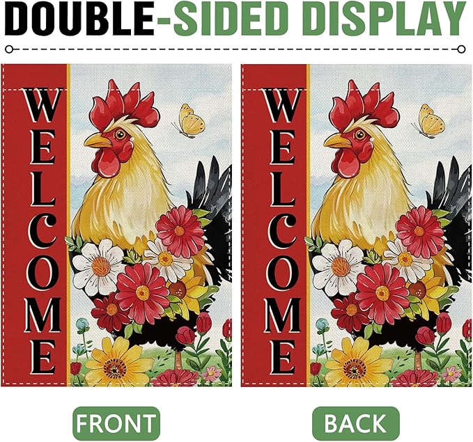 Dyrenson Welcome Spring Summer Rooster 28 x 40 House Flag Double Sided, Farm Animal Daisy Flower Red Garden Yard Decoration, Farmhouse Butterfly Burlap Outdoor Decor Decorative Large Flag