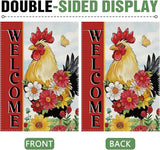Dyrenson Welcome Spring Summer Rooster 28 x 40 House Flag Double Sided, Farm Animal Daisy Flower Red Garden Yard Decoration, Farmhouse Butterfly Burlap Outdoor Decor Decorative Large Flag