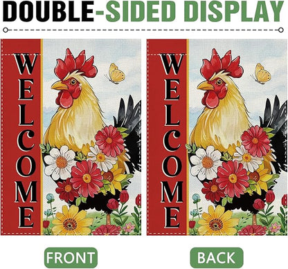 Dyrenson Welcome Spring Summer Rooster 28 x 40 House Flag Double Sided, Farm Animal Daisy Flower Red Garden Yard Decoration, Farmhouse Butterfly Burlap Outdoor Decor Decorative Large Flag