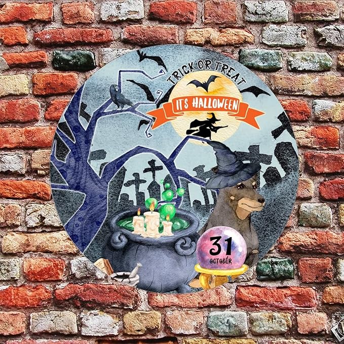 Retro Metal Sign 12"x12",Happy Halloween Scary Night Grave Witch Bats Trick Or Treat Dog Aluminum Tin Metal Sign for Home Living Room Bedroom Garden Farm Patio Decor Wall Art Poster