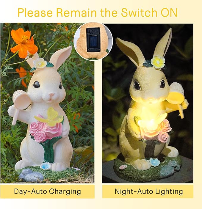 Garden Statues Rabbit with Solar Light,Bunny Outdoor Garden Decor Ornaments for Patio Yard Art,Birthday Easter House Warming Garden Gift for Women Mom,Resin Animal Figurine with Wider Base