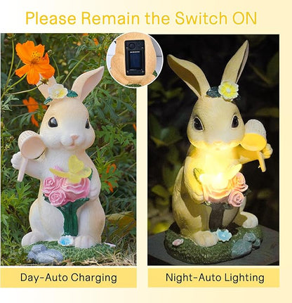 Garden Statues Rabbit with Solar Light,Bunny Outdoor Garden Decor Ornaments for Patio Yard Art,Birthday Easter House Warming Garden Gift for Women Mom,Resin Animal Figurine with Wider Base