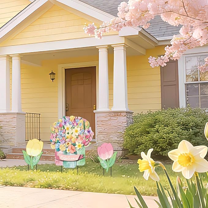 3Pcs Hello Spring Welcome Flower Yard Stakes Metal Floral Outdoor Decor, 2-in-1 Decorative Tulip Flower Sign for Garden Patio Yard Wall Hanging Floral Ornaments with Rope Rustic Spring Decor