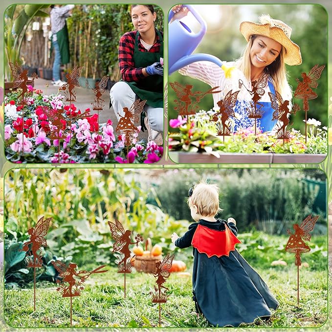 Novabright 5 Pcs Decorative Garden Stakes Metal Fairy Silhouette Set Stakes Outdoor Yard Art Decor Fairy Garden Sign for Lawn Flower Bed Planter Pot Landscaping(Rust)