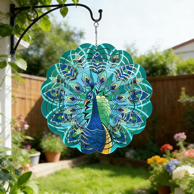 Peacock Metal Wind Spinner Outdoor 12 Inch 3D Hanging Wind Spinner for Outdoor & Indoor Decor, Garden Yard & Porch Ornament, Unique Kinetic Sculpture Gift for Women - Christmas Thanksgiving Decoration