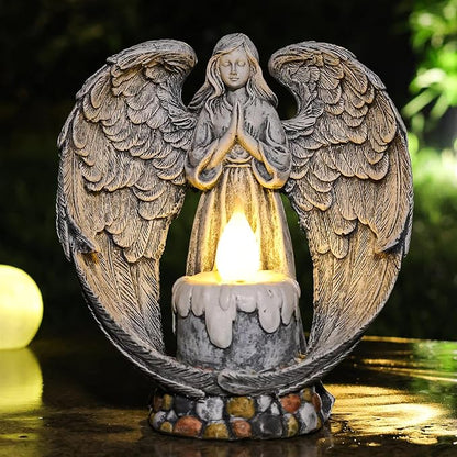 Angel Garden Statues Outdoor Cemetery Decorations for Grave Take The Cross Praying Wings Angel Figurine Cemetery Lights Patio Lawn Yard Porch Decorations 10.24 Inch