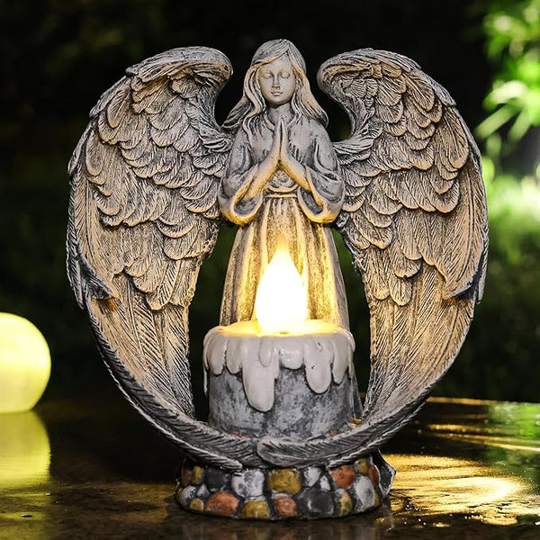 Angel Garden Statues Outdoor Cemetery Decorations for Grave Take The Cross Praying Wings Angel Figurine Cemetery Lights Patio Lawn Yard Porch Decorations 10.24 Inch