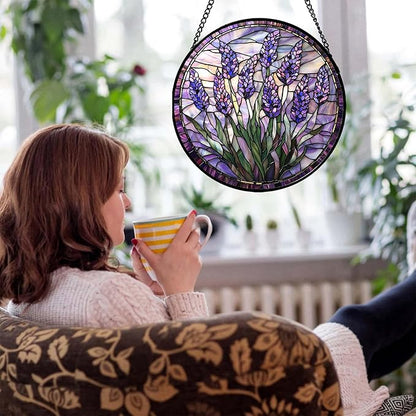 Stained Glass Window Hanging - Purple Flowers Suncatcher for Door Terrace Garden Home Decor Lavender Plant Floral Sun Catcher Birthday Gifts for Lovers Women Men Dad Mom Nana 9.8 in