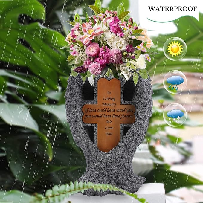 Angel Wings and Cross Solar Light CemeteryDecorations, Cemetery Decorations,Garden Solar Vase Decorations,Gift for Lost Lovers Ones (Grey)