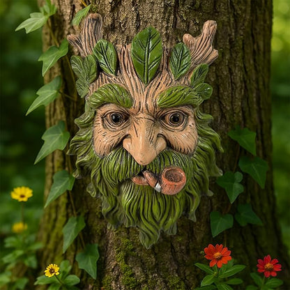 Whimsical Tree Face Garden Statues Outdoor Decor – Funny Old Man Tree Hugger Wall Sculpture with Pipe, Fairy Art Fence Hanging Resin Ornament, Outdoor Wall Mounted Sculpture for Patio Lawn & Home