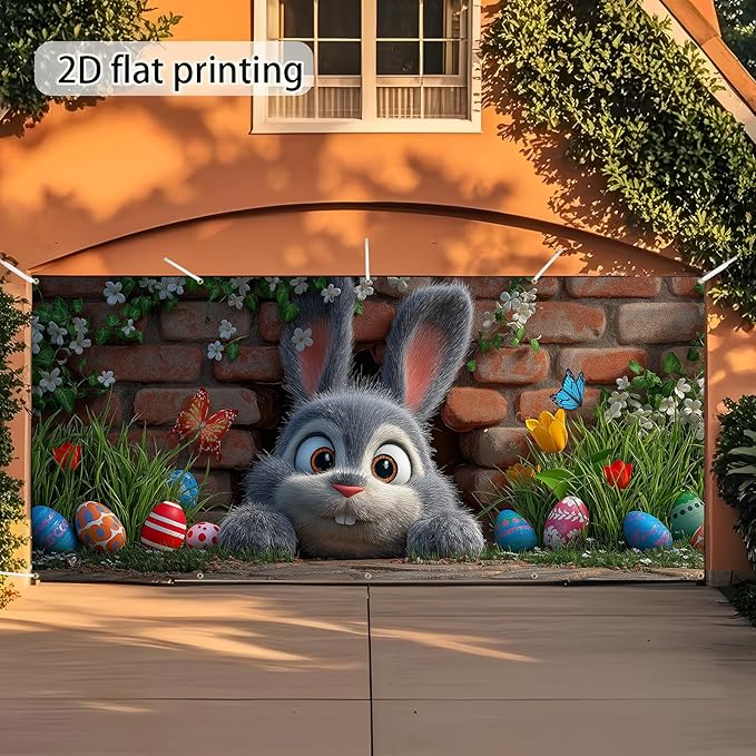 Easter Garage Door Banner Cover, Easter Bunny Colorful Eggs Spring Party Backdrop Decor, Garage Door Cover For Outdoor Yard Holiday Decoration (Cute Bunny)