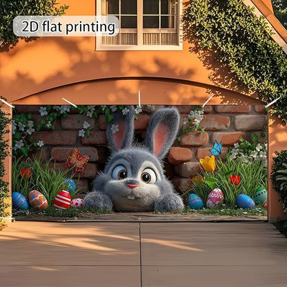 Easter Garage Door Banner Cover, Easter Bunny Colorful Eggs Spring Party Backdrop Decor, Garage Door Cover For Outdoor Yard Holiday Decoration (Cute Bunny)