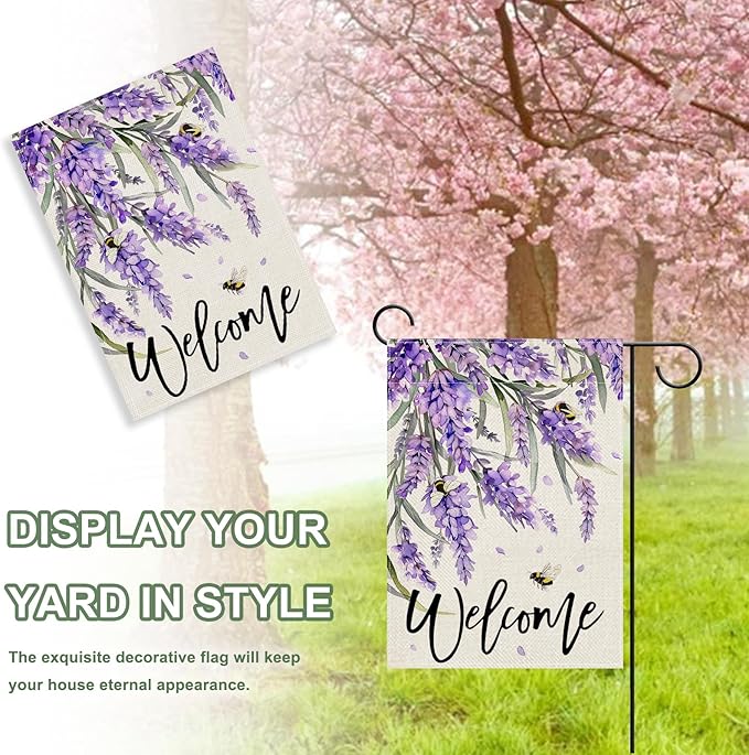Welcome Spring Lavender Decorative Garden Flag, Purple Floral Flowers Bee Yard Outside Decorations, Summer Farmhouse Outdoor Small Home Decor Double Sided 12 x 18