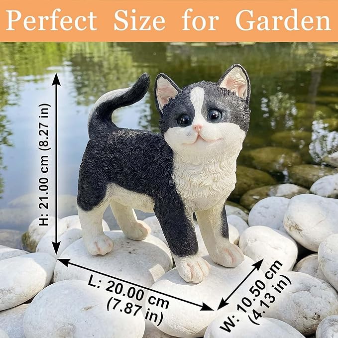 Real Black Tabby Garden Statue - Resin Realistic Cat Sculpture, Pet Loss Memorial Stone, for Cat Lovers, Indoor/Outdoor Decor, Animal Figurine for Yard Ornaments