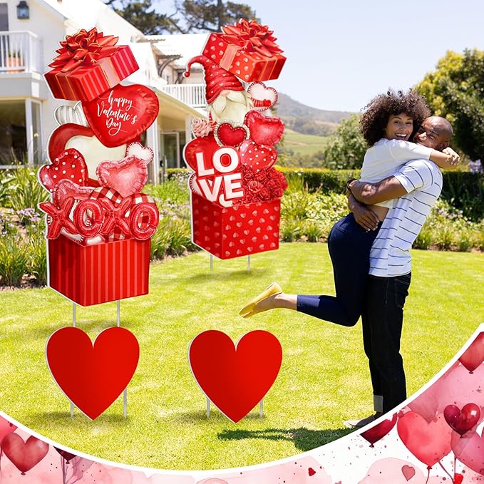 Yuntau 4 Pcs Valentine's Day Yard Signs Gnome Outdoor Sign with Stakes Valentine Red Heart Rose Gnome Lawn Gift Box for Holiday Pathway Lawn Walkway Patio Party Wedding Anniversary Decor