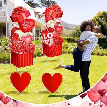 Yuntau 4 Pcs Valentine's Day Yard Signs Gnome Outdoor Sign with Stakes Valentine Red Heart Rose Gnome Lawn Gift Box for Holiday Pathway Lawn Walkway Patio Party Wedding Anniversary Decor