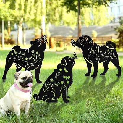 MorningRo 3 Pcs Pug Dog Metal Garden Decor for Outside 12" Pug Puppy Garden Stake Black Silhouette Statues Outdoor Decoration Women Men Dog Lovers Spring Patio Lawn Yard Art