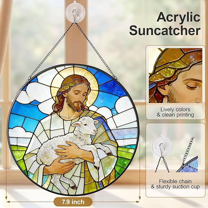 Stained Glass Window Hanging 7.9'' Jesus and Sheep Sun Catchers Stained Glass Suncatcher for Windows He is Risen Resurrection of Jesus Gift for Religious Christian Gifts Home Decor