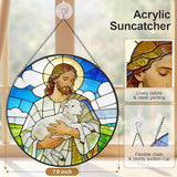 Stained Glass Window Hanging 7.9'' Jesus and Sheep Sun Catchers Stained Glass Suncatcher for Windows He is Risen Resurrection of Jesus Gift for Religious Christian Gifts Home Decor