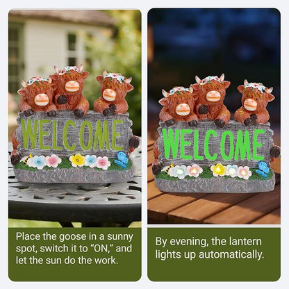 Solar Highland Cow Garden Statue Outdoor Decor - Rustic Farmhouse Decorations & Christmas, Birthday Housewarming Gifts for Mom, Grandma, Women, Resin